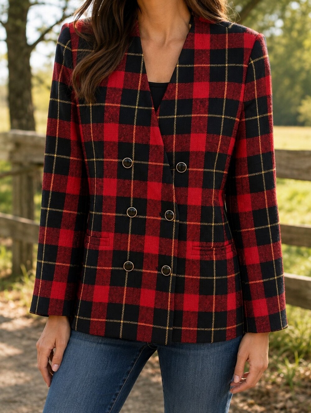 Karen Scott Wool Red Black Plaid Double-Breasted Blazer with Gold Trim